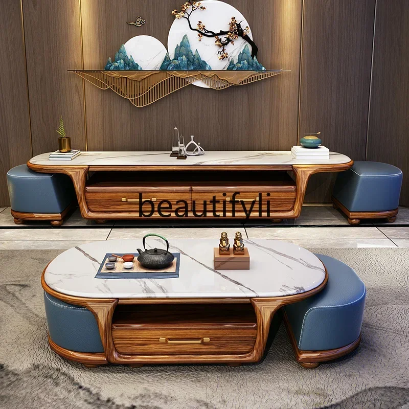 

yj5 Ebony solid wood new Chinese design medium and small apartment living room marble coffee table TV cabinet combination