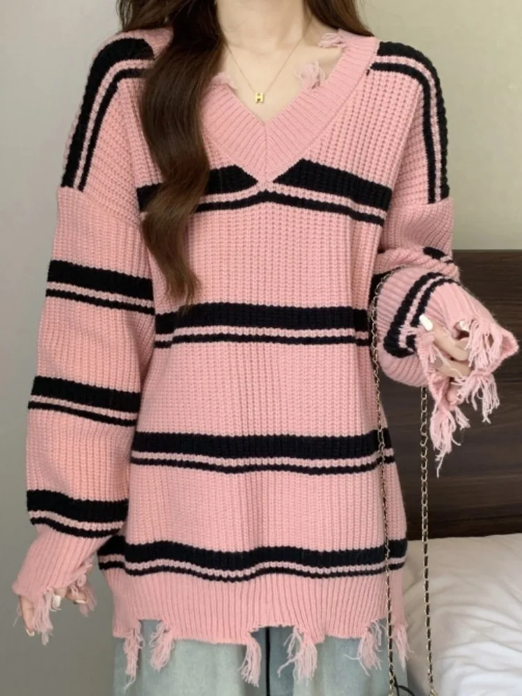 Korean Hem Cut Out Tassel Sweater Women Long Sleeve Loose Fashion Striped Contrast Knit Pullovers 2023 Autumn New