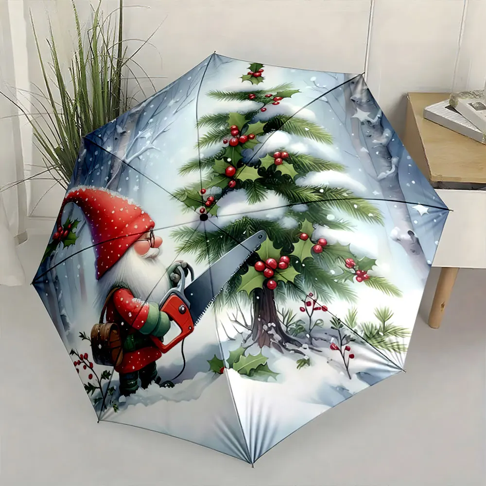 Charming Winter Gnome with Chainsaw and Christmas Tree Compact Fashion Folding Umbrella for Daily Use, Christmas Gift