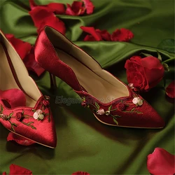 Retro Embroidered Red High Heels for Women Sexy Satin Rose Vine Pointed Toe Thin Heel Pumps Banquet Stiletto Wedding Dress Shoes