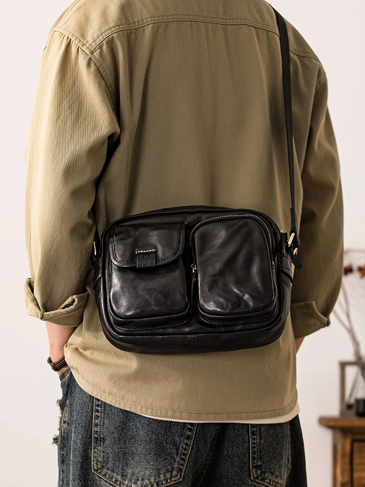 PNDME vintage handmade vegetable tanned cowhide men's shoulder bag outdoor travel genuine leather multi-pocket crossbody bag