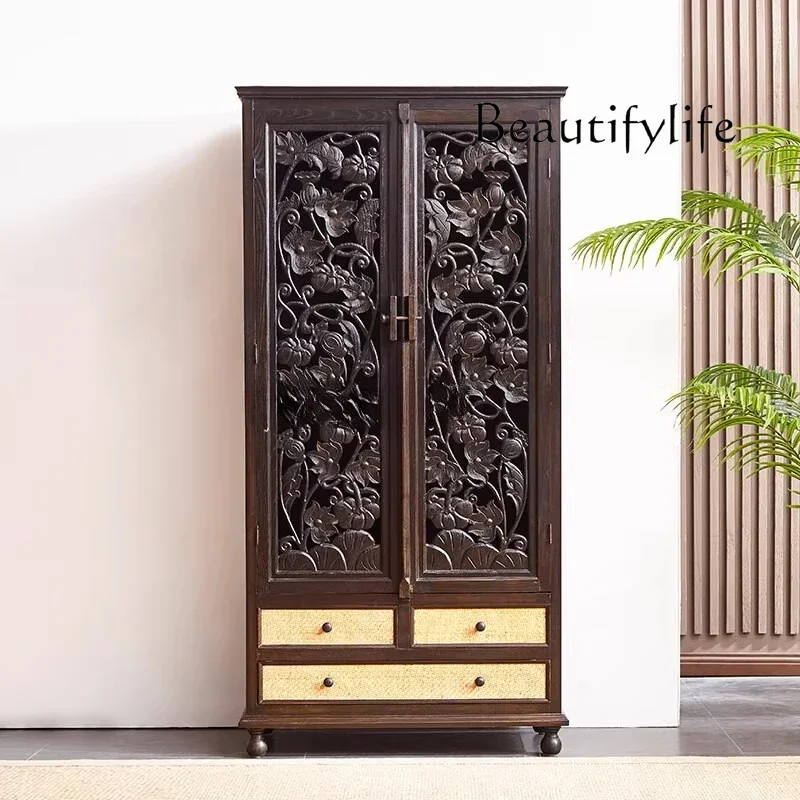 

vV Retro solid wood carving flower double door wardrobe, antique pumpkin flower hollow carving storage cabinet wardrobe