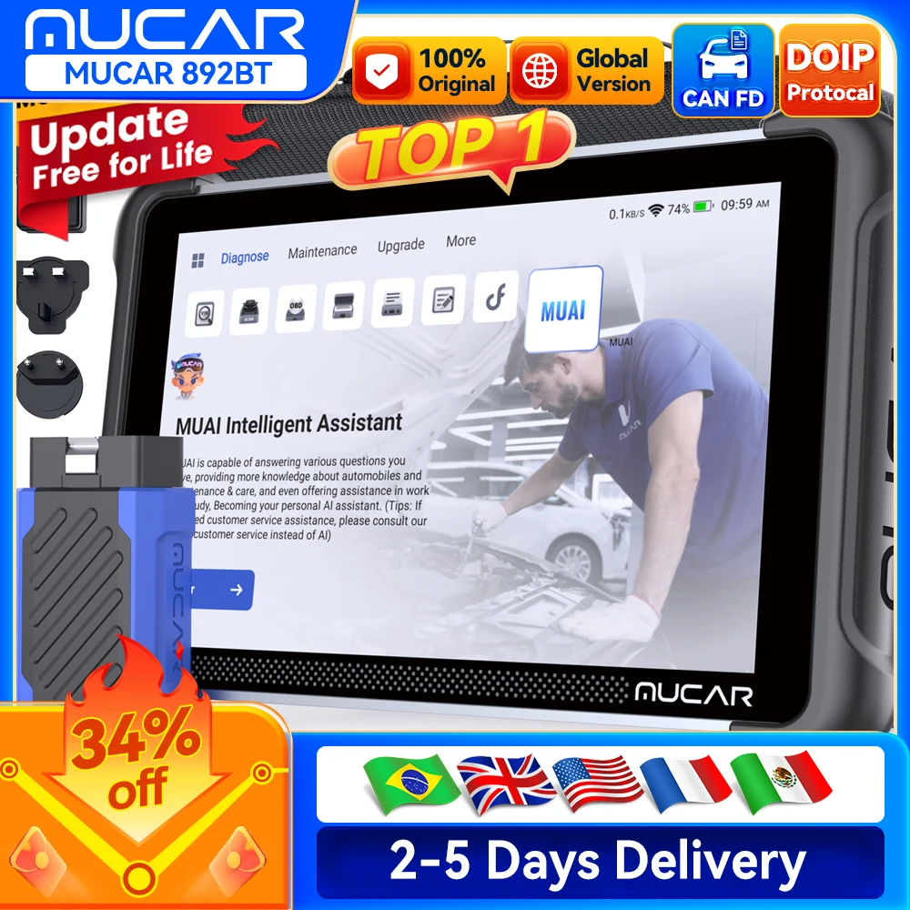 

Lifetime Free Update MUCAR 892BT OBD2 Scanner CANFD&DOIP Bi-directional Diagnostic Tool Full System 34 Reset ECU Coding