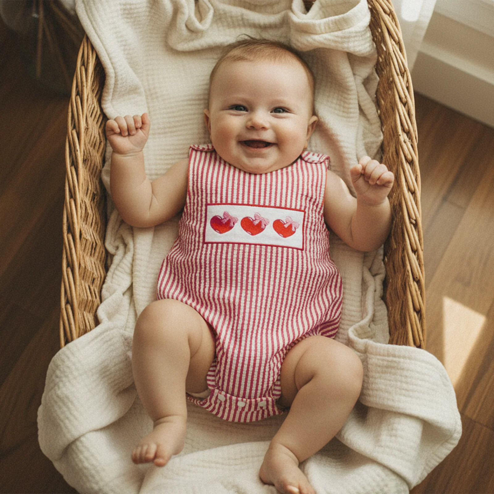 Baby Girl Summer Romper Loose Fit Bow/Love Heart Embroidered Striped Crew Neck Sleeveless Infant Jumpsuit