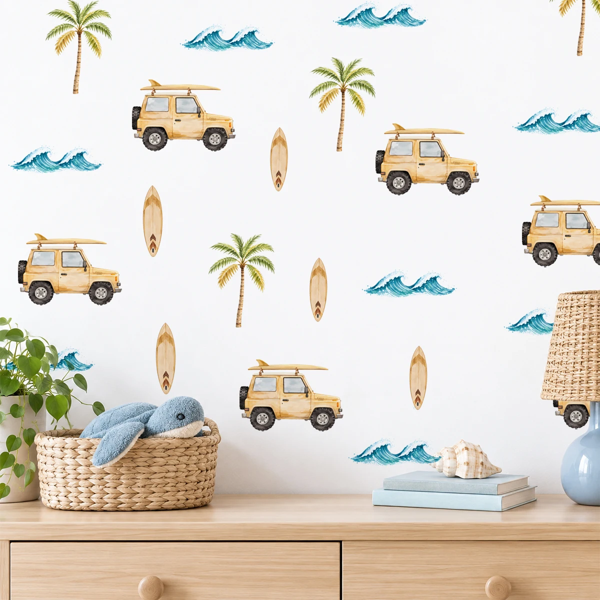 Surf Van Wall Stickers Ocean Wave Palm Tree Decals Kids Room Beach Theme Wall Decor Nursery Bedroom DIY