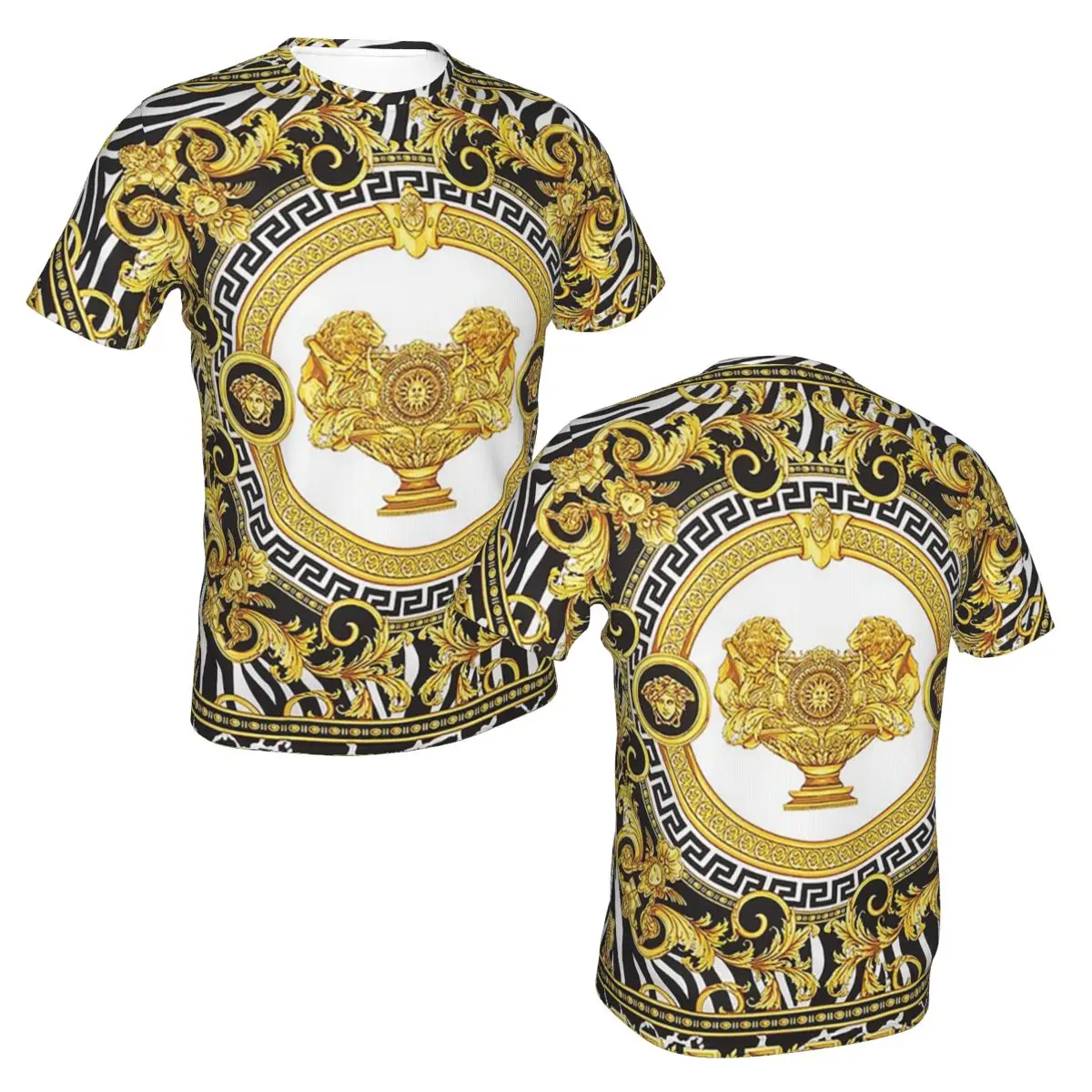 100% Cotton Decorative Golden Medallion Baroque T-Shirt Men's Classic T Shirt Men Round Neck Summer Shirts Tops