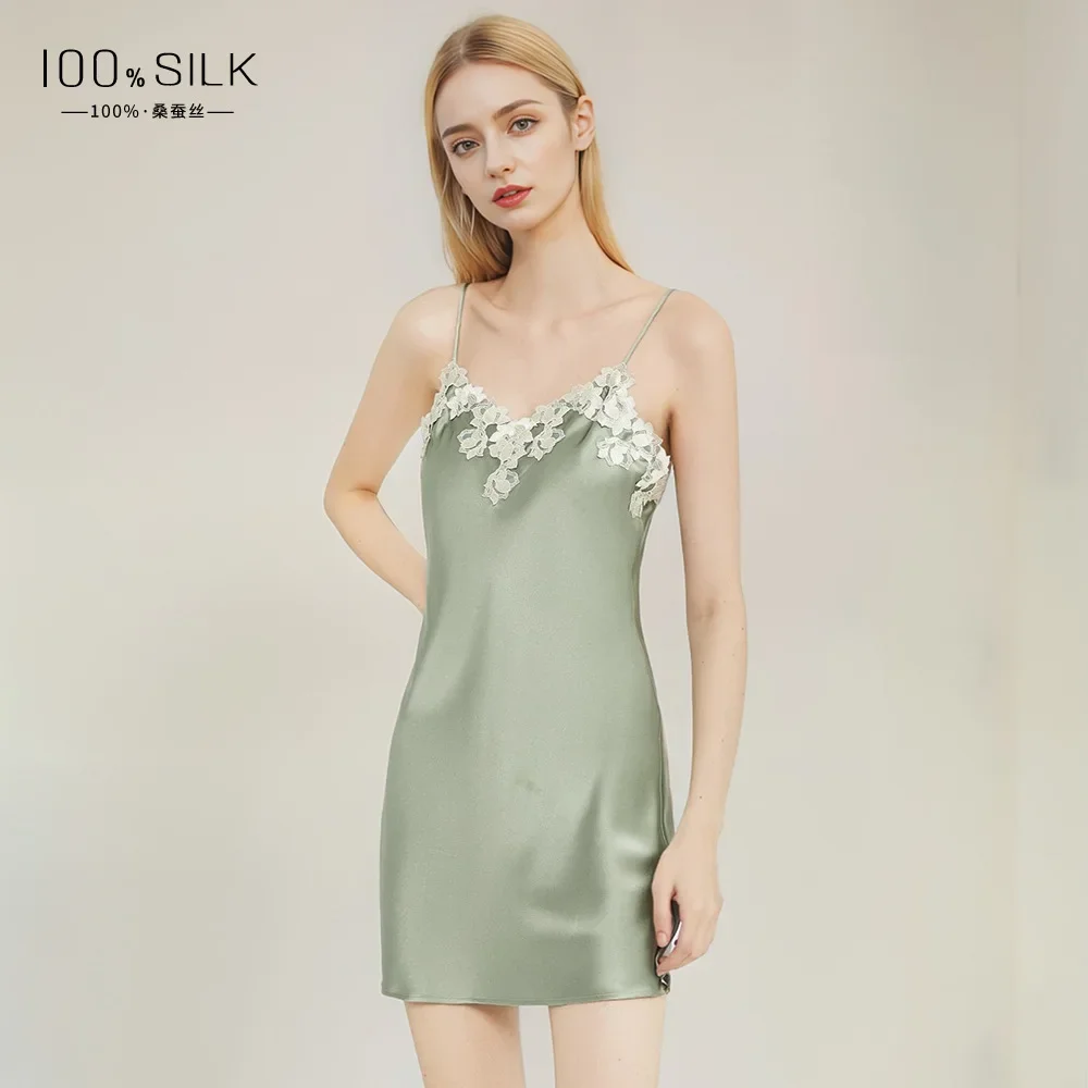 19MM 100% Mulberry Silk Lace Trim Underwear Chemise Short Sling Dresses Summer V Neck Bride Nightgown Sexy Suspender Nightdress