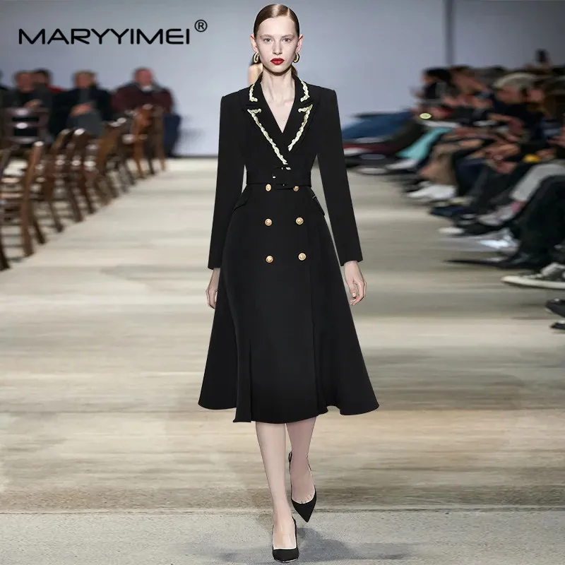 Maryimei Designer autunno inverno Trench donna ricamo colletto rovesciato cintura manica lunga doppio petto Blck Outwear soprabito
