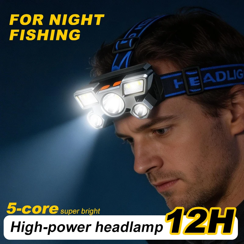 USB wiederaufladbare Stirnlampe, tragbare 5-LED-Stirnlampe mit eingebauter Batterie, tragbare Arbeitsleuchte, Angeln, Camping, Stirnlampe für T