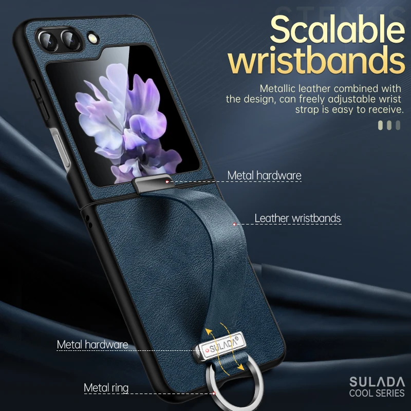 

New Luxury PU Leather Metal Border Phone Case For Samsung Galaxy Z Flip 4 5 6 Magnetic Shock Resistant Wrist Strap Protect Cover