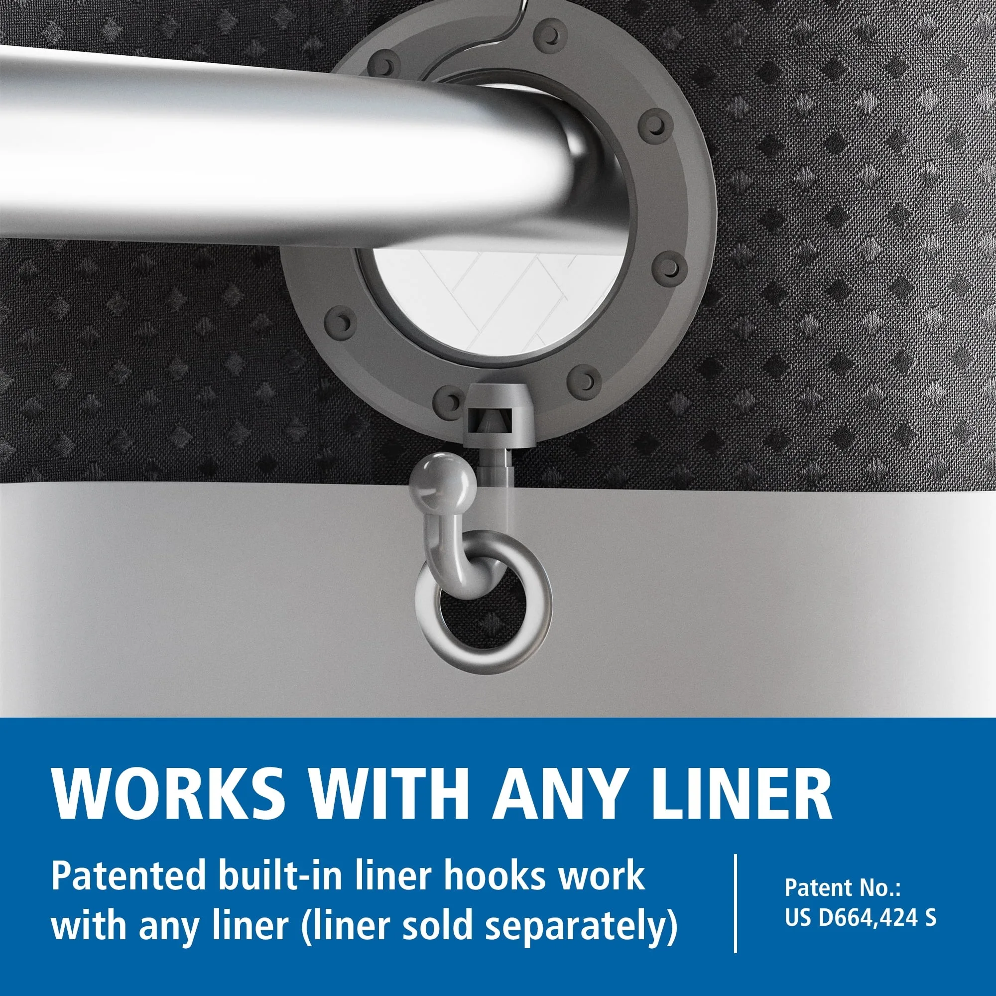 Легко повесить тканевую занавеску для душа со встроенными кольцами, 70 x 74 дюйма, черную