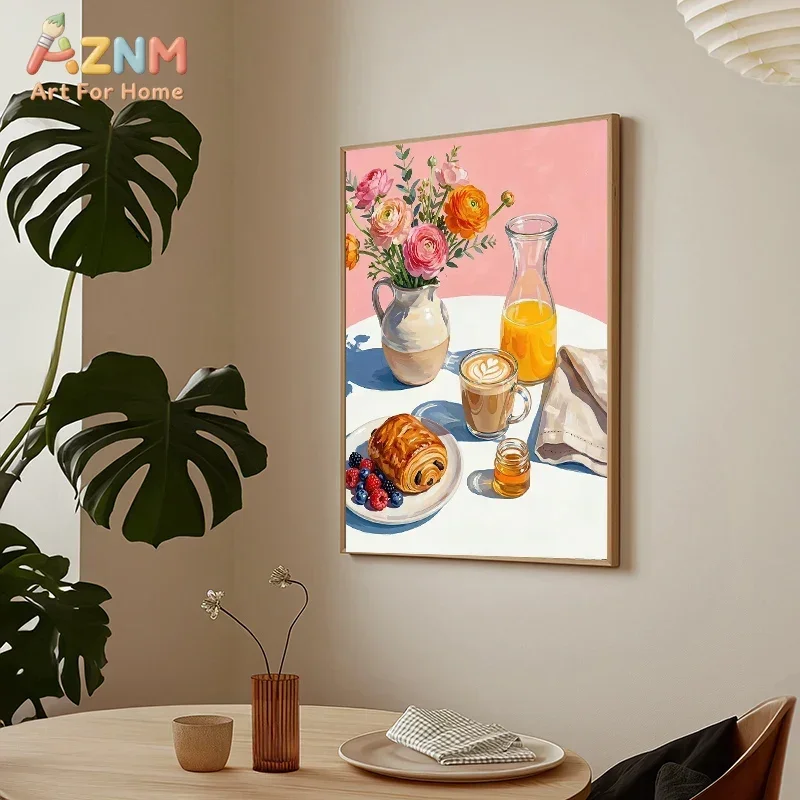 AZNM Colorful Brunch Food Canvas Print, Frameless Floral Coffee Croissant Still Life Wall Poster, Vibrant Breakfast Artwork for
