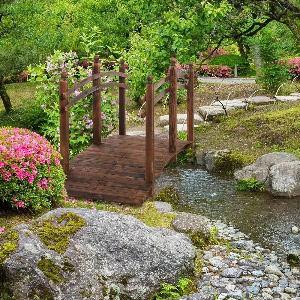 

7.5' Wooden Arch Garden Bridge, Safety Rails for Backyard Ponds, Creeks, Streams, Carbonized