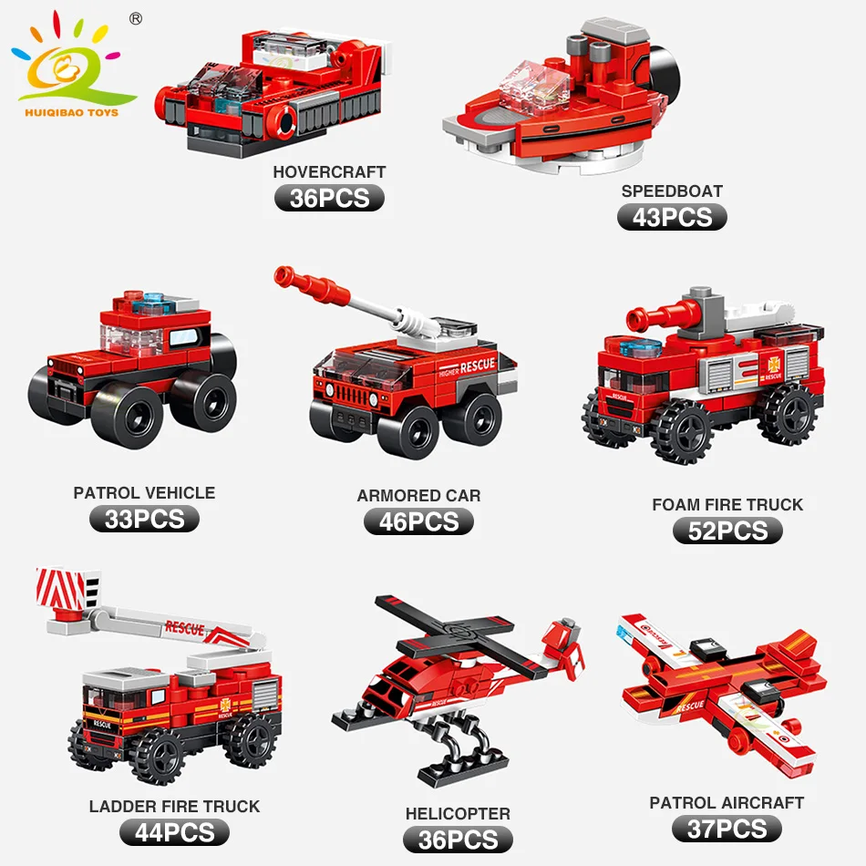 HUIQIBAO 327pcs 8in1 Fire Ladder Truck Building Blocks Firefighting Set Fireman Figure Bricks City Construction Toy for Children