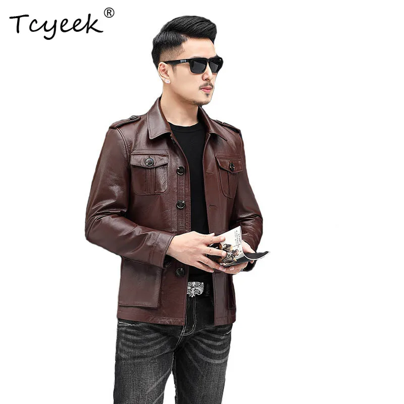 Tcyeek Real Top Layer Cowskin Autumn Winter Trendy Lapel Solid Color Men's Genuine Leather Jacket Jaqueta De Couro Masculina