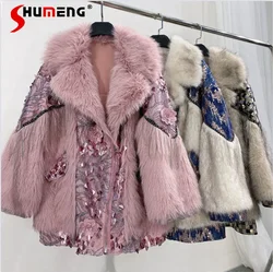 Streetwear Popular Winter New Fur Integrated Sequined Diamonds Fur Coat and Jackets Women's Lamb Wool Coat Fashion Outwear