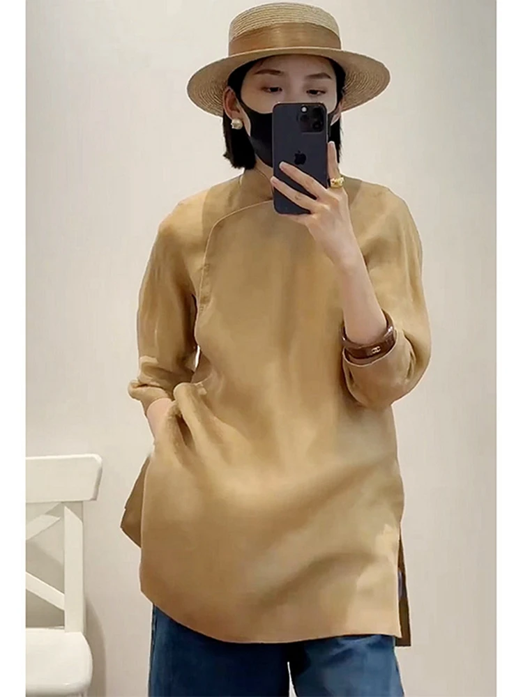 

New 2025 Early Autumn Yellow Top Women's Fashion Chinese Style Minimalist Design Sense New Medium Length Sleeve Long Coat
