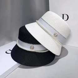 New Women's Sun Hats Summer Elegant Pearl  Bow Straw Hat Fashion Foldable Boater Hat Cap Holiday Audrey Hepburn Beach Hat