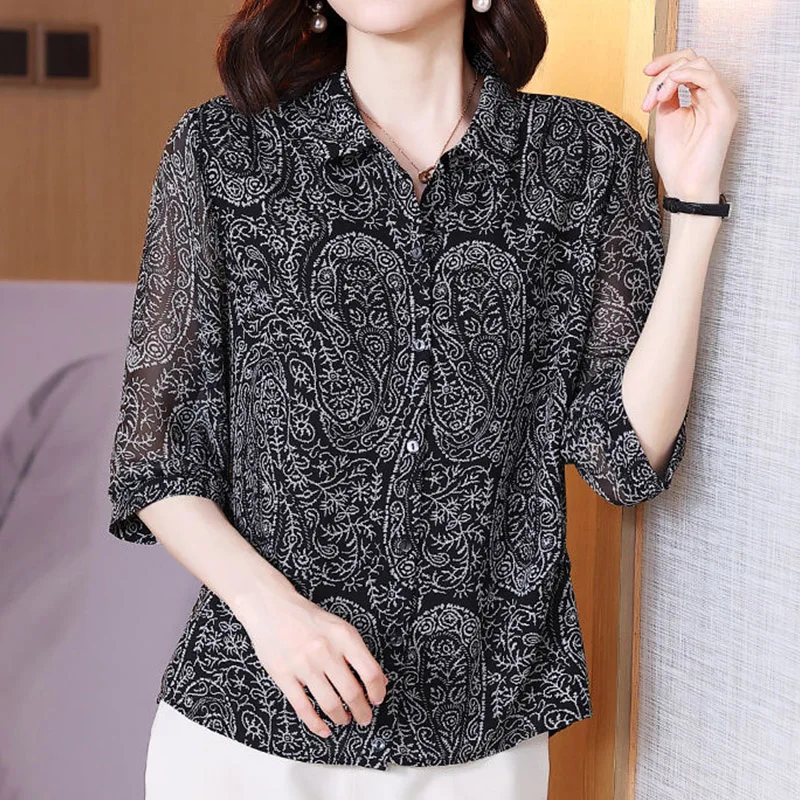 Vintage Casual Fashion Printing Patchwork Button Shirt Summer 2023 New Polo-Neck Three Quarter Sleeve Loose Tops Ladies Clothing