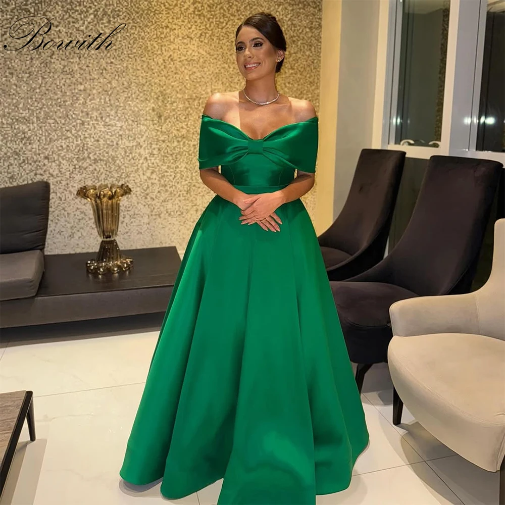 

Bowith Green Evening Dresses Bow Off the Shoulder Satin Party Dresses Customized A-Line Prom Gown Women
