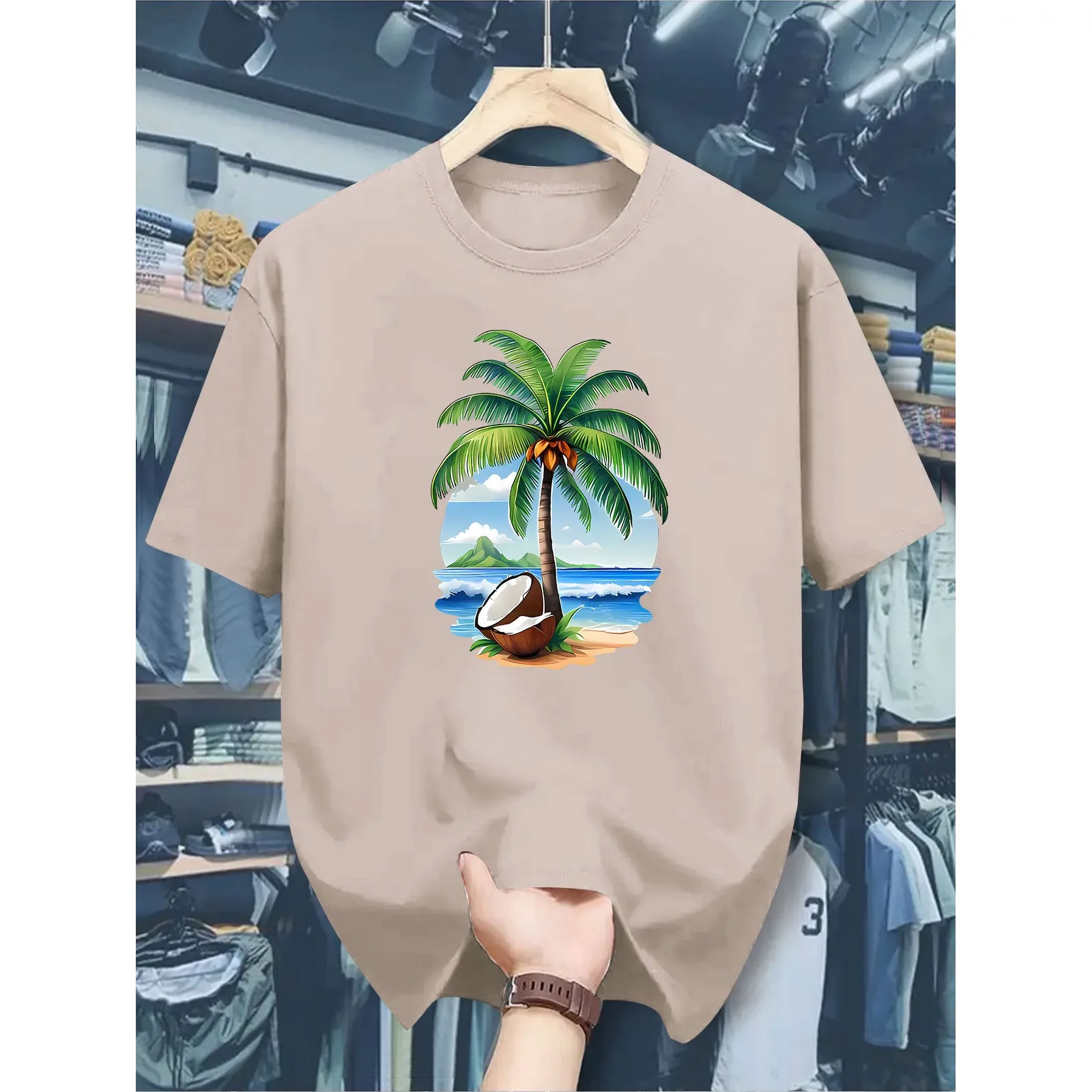 Tropical Palm Tree Graphic Tee Men Summer Casual Cotton Short Sleeve T-Shirt Vacation Beach Print Top