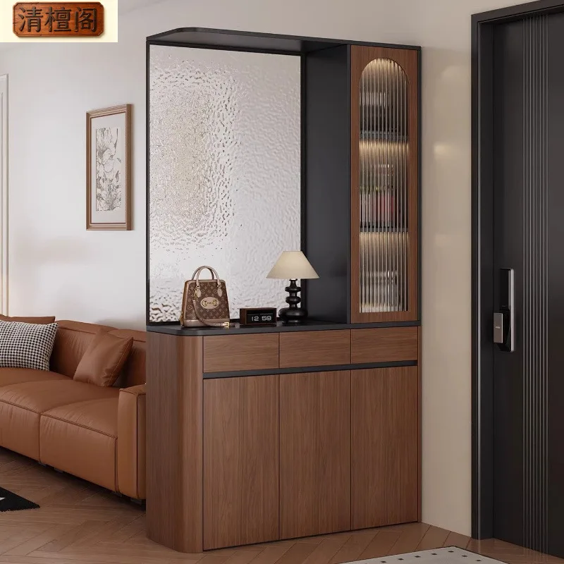Chinese walnut-colored entrance shoe cabinet integrated storage wine medieval screen partition