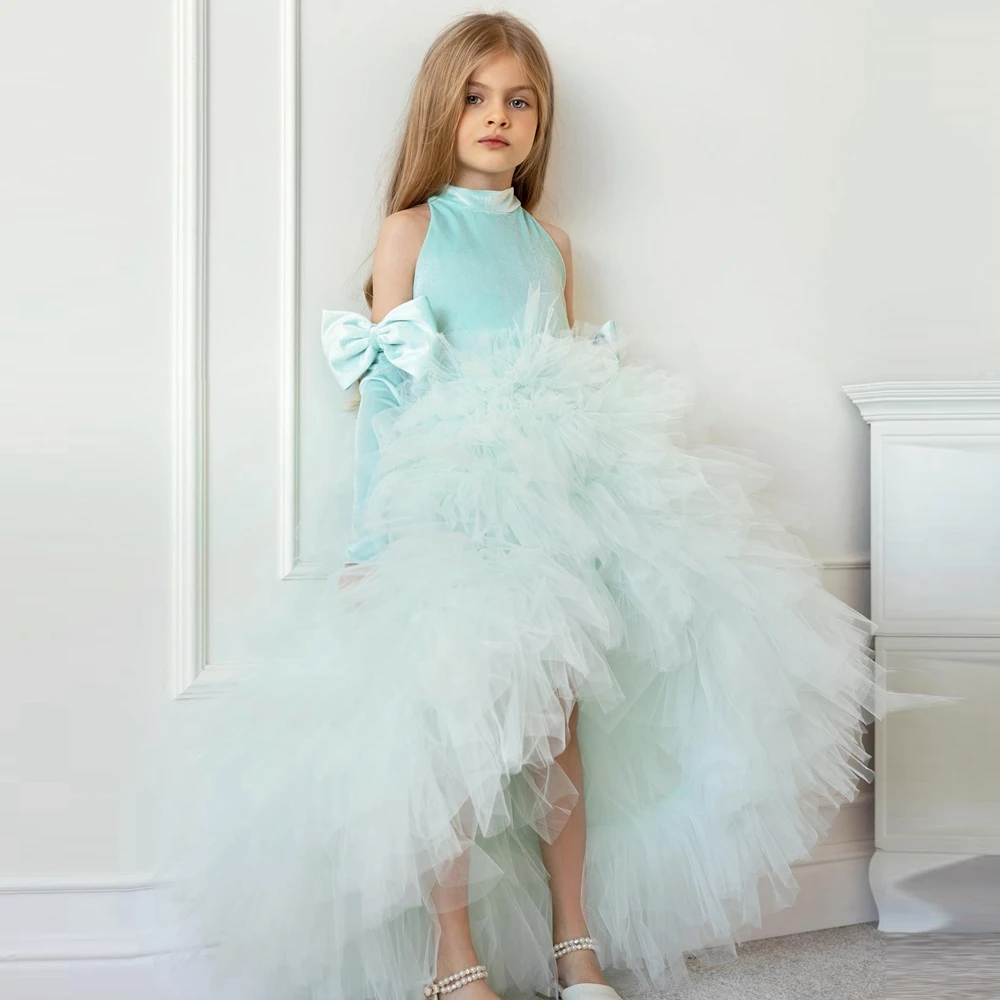 

Fashion Hi Low Mesh Tutu Pageant Dress Pretty Velvet Bow Flower Girl Dresses Sweet Fluffy Tulle Kids Party Gowns For Brithday