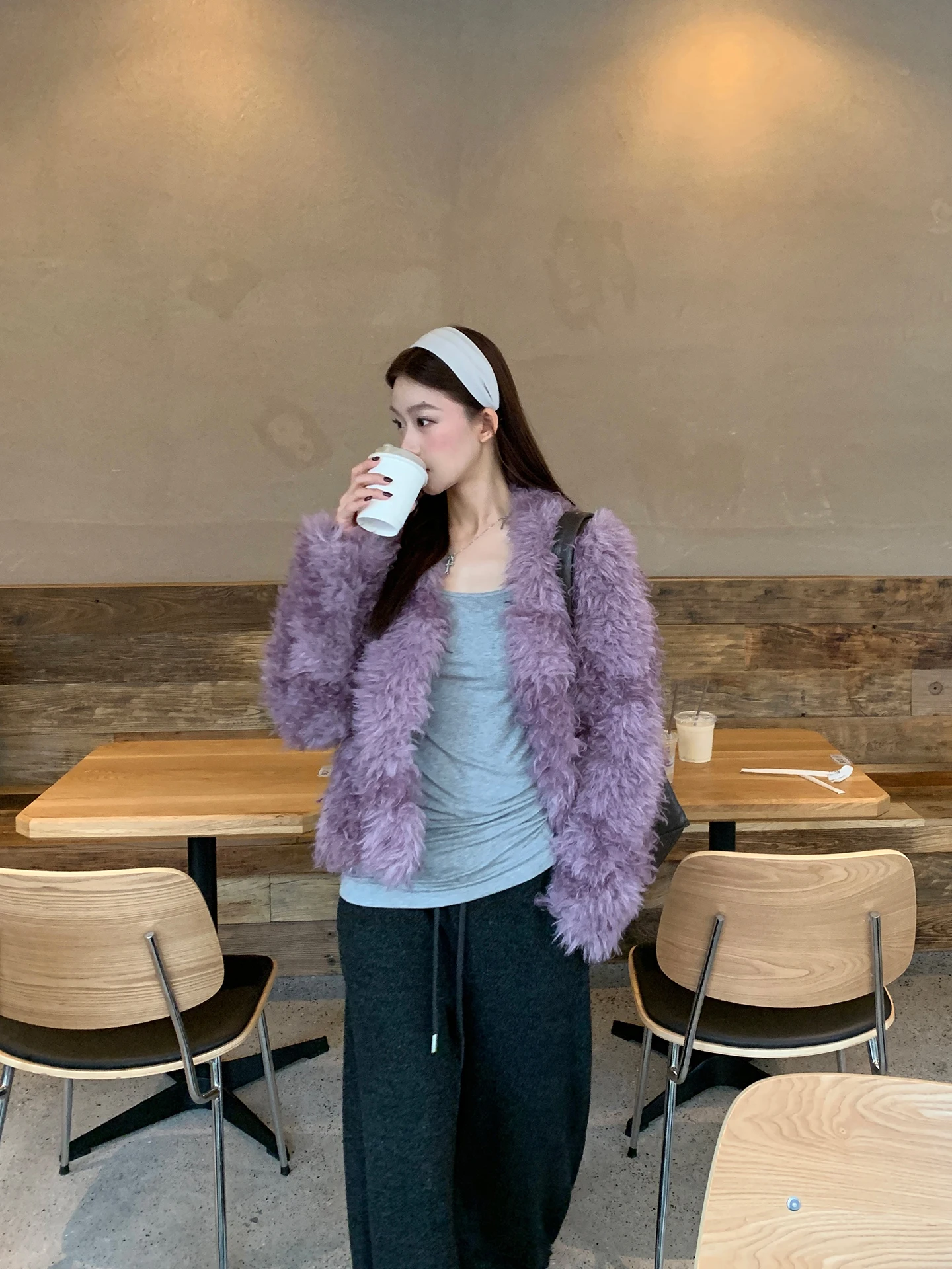 Jaqueta Curta de Aodão para Mulheres Estilo Coreano Nova Coleção Outono Inverno Casaco Quente de Fibra de Poliéster Roxo