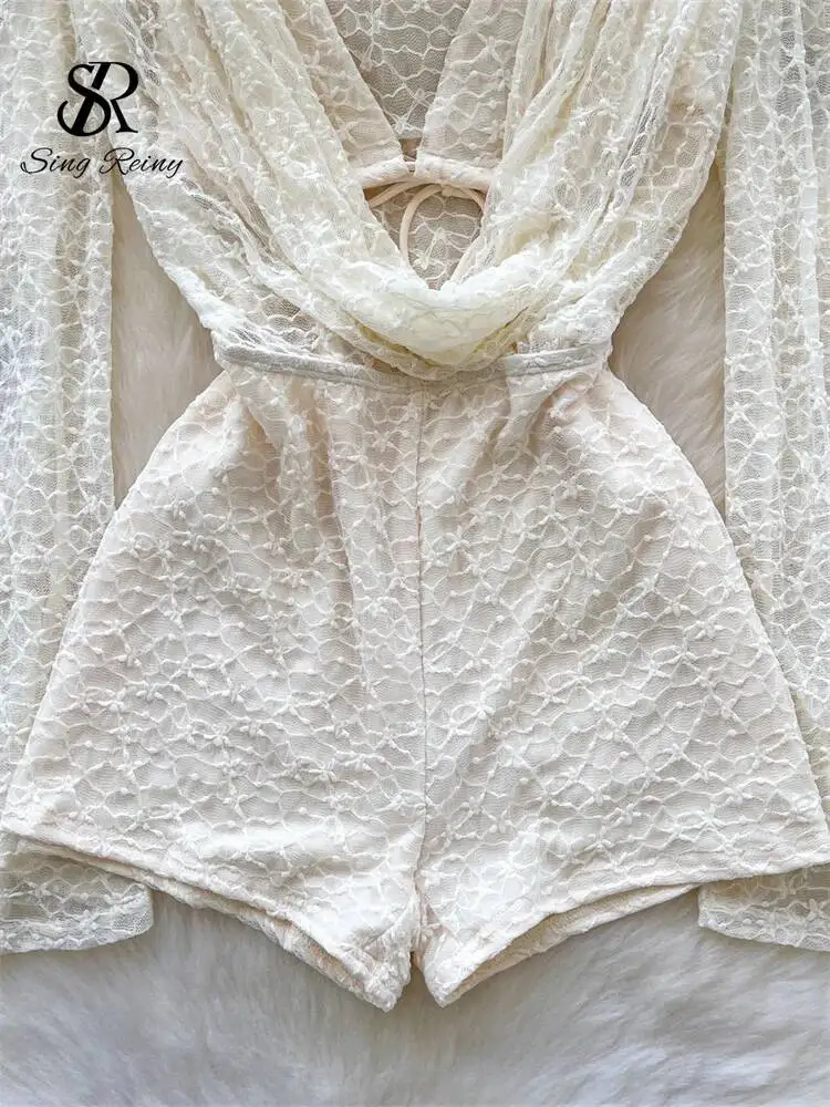 Trajes Sensuales de Encaje Transparente con Cuello Halter y Cordones, Lencería, Monos, Bodys Sexys de Verano para Mujer