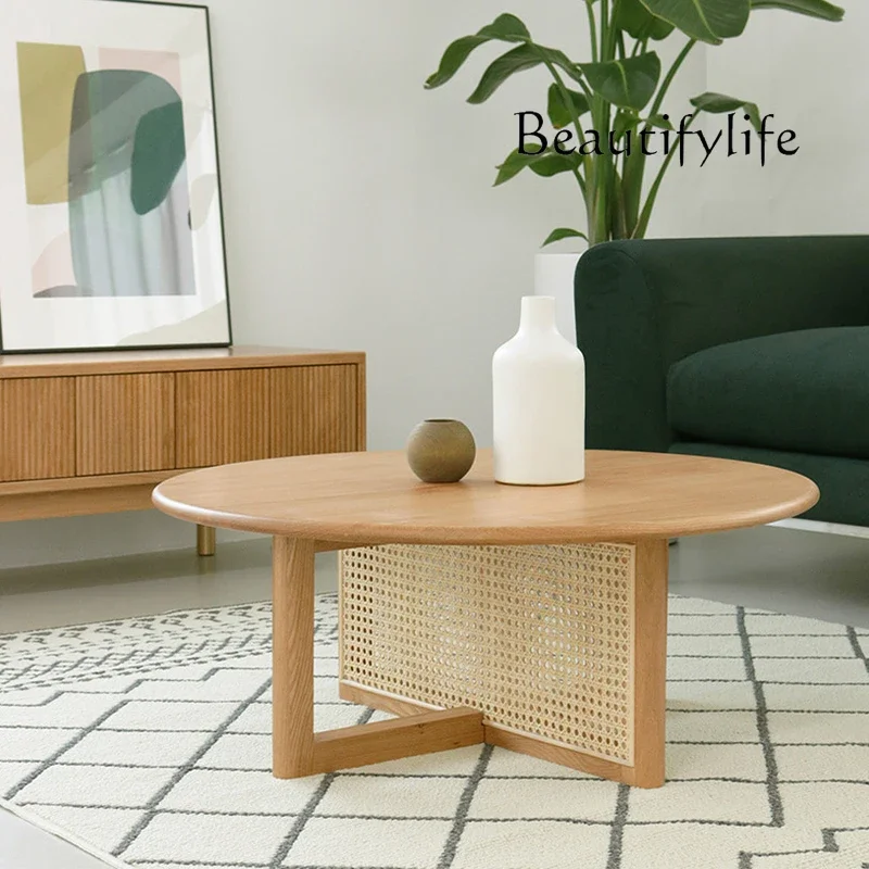 

X40 Nordic Solid Wood Antique Rattan Coffee Table Simple Living Room Modern Round Coffee Table طاولات جانبيه