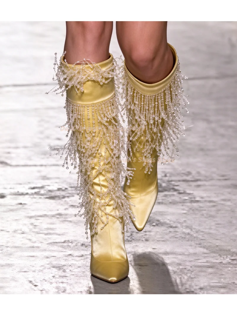 Equipped With Beading Tassel Decorate Pale Yellow Satin Finish Material Women's Boots Pointed-Toe Design Stiletto Runway-Style
