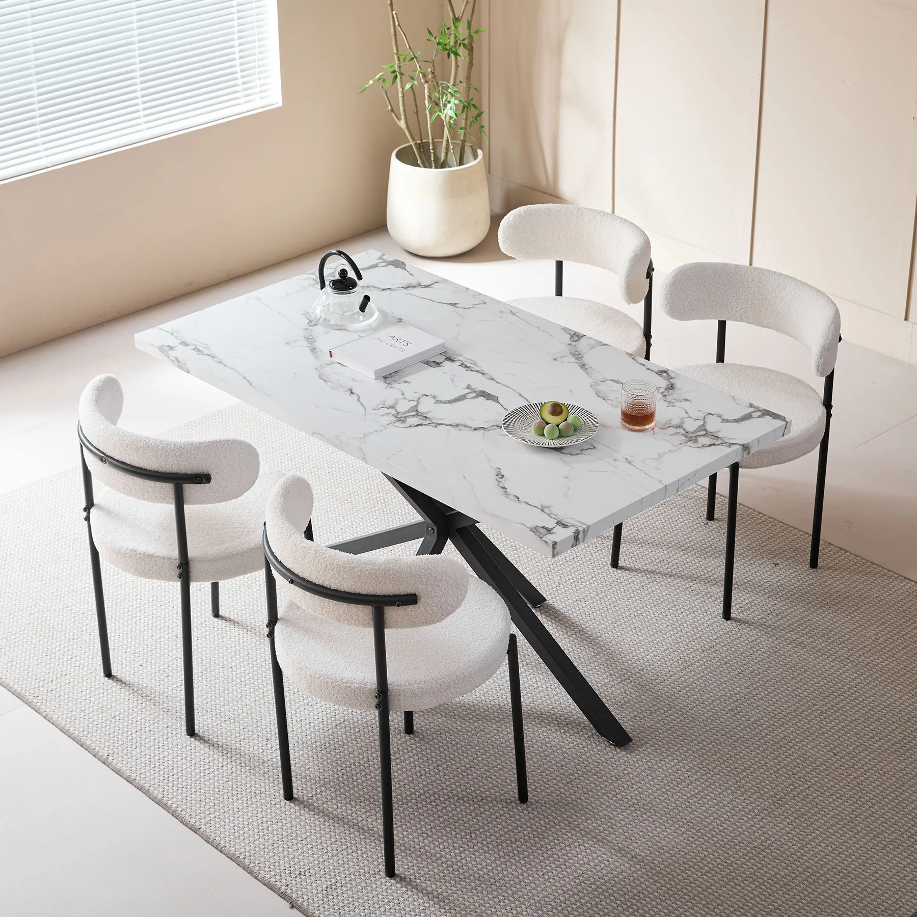 Moderner Esstisch im minimalistischen Stil, Esstisch aus Marmorimitat, geeignet für Esszimmer/Wohnzimmer, Metallbeine, 140 x 80 cm – Detail 5