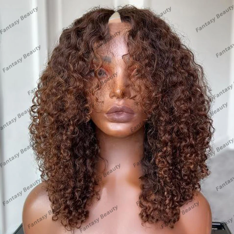 Glueless Remy Parte Perucas para Mulheres Negras, 100% Cabelo Humano, Kinky Curly Abertura, V Parte Peruca, Caramelo Castanho, Natural, 1x4, 200 Densidade