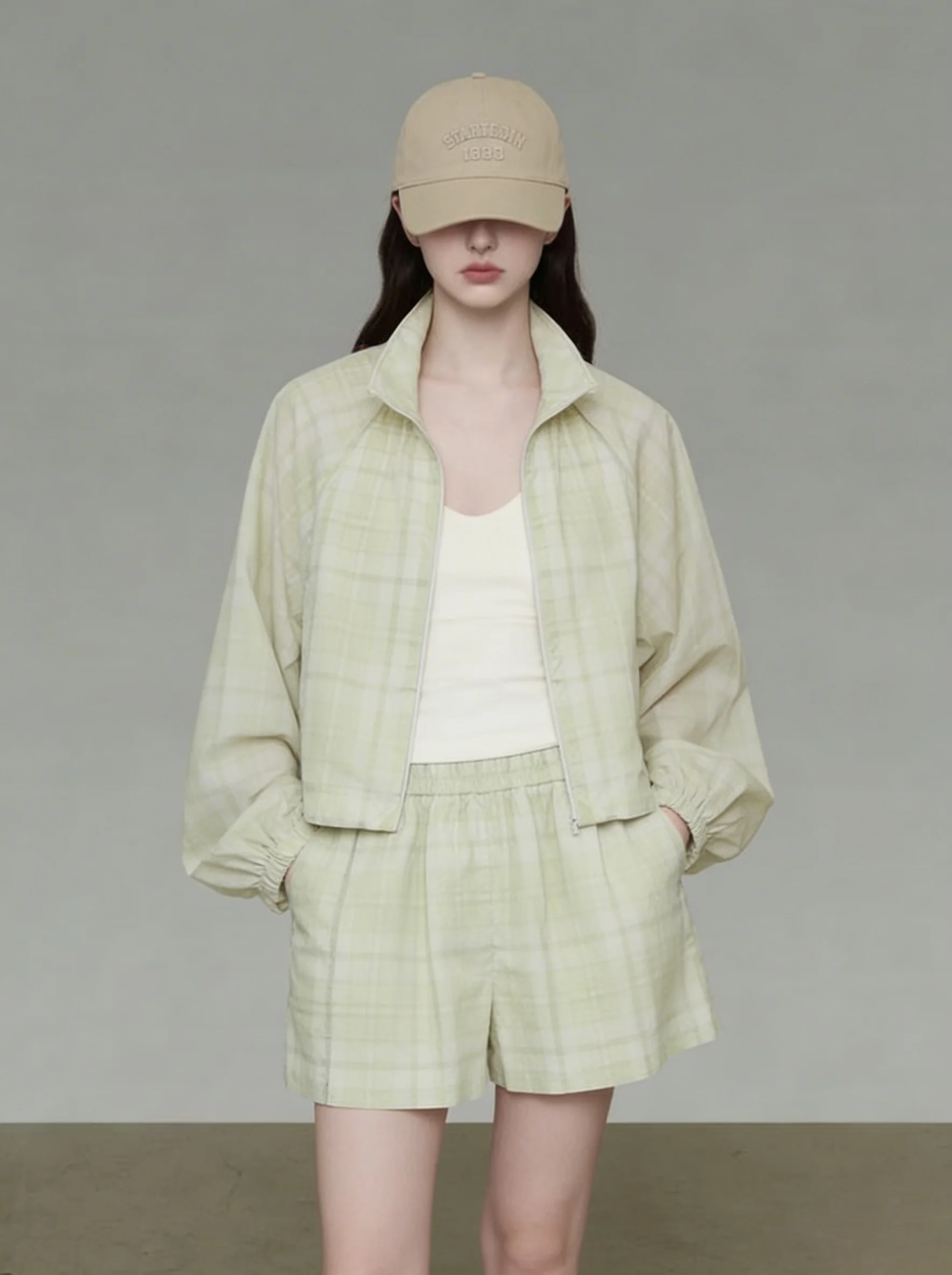 

Unique Beautiful Green Plaid Long Sleeve Jacket And Shorts Women's Fashion Set Spring Casual High Waist Wide Leg Pants