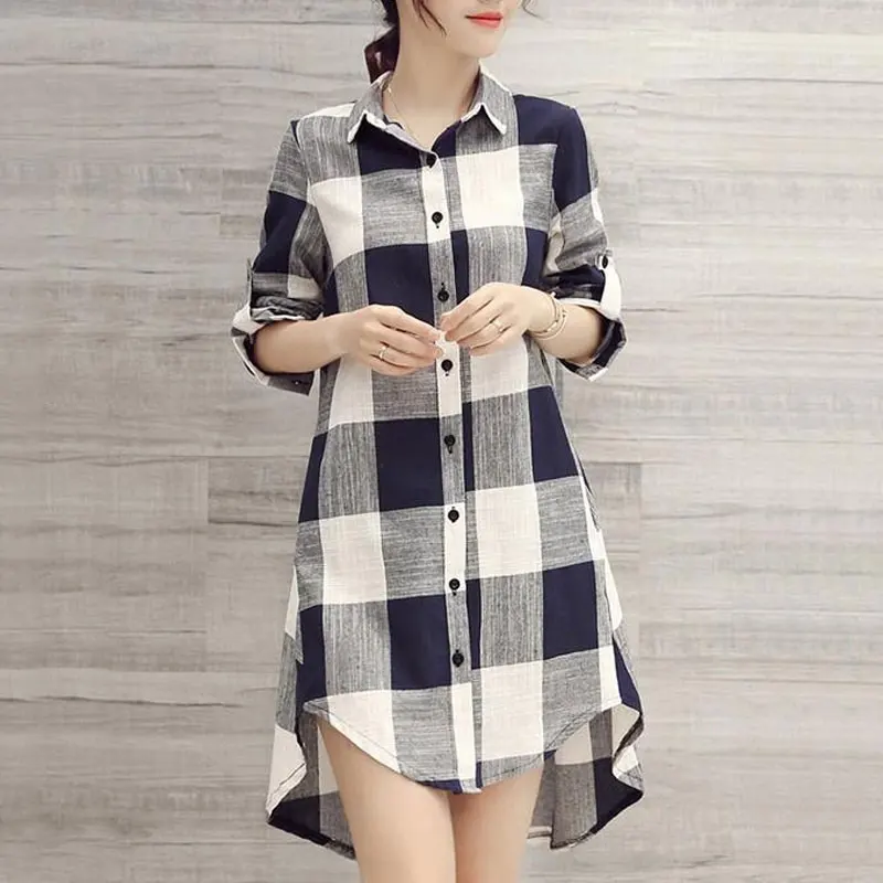 Spring Autumn Casual Plaid Polo-Neck Shirt Women\'s Clothing Fashion Single-breasted Korean Loose Long Sleeve Pockets Midi Blouse