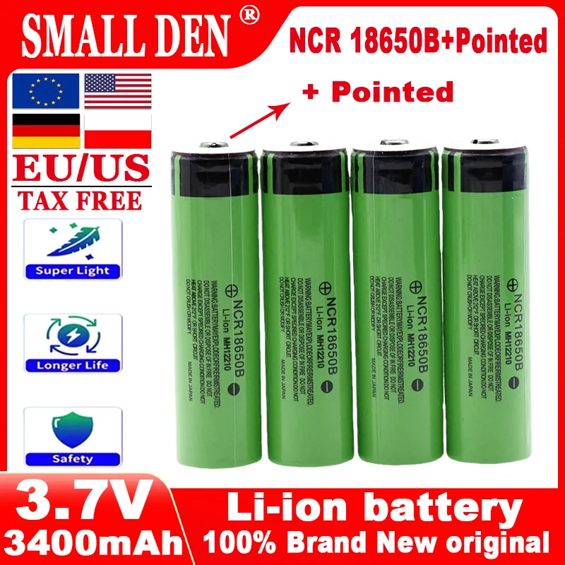 New Original 18650 3.7v 3400 mah Lithium Rechargeable Battery NCR18650B with Pointed(No PCB) For flashlight Fan toys batteries