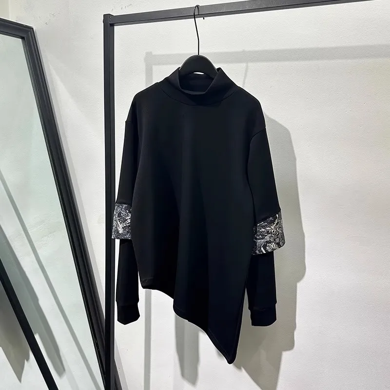 

Autumn and winter original dark spliced ​​fake two-piece loose sweatshirt with fashionable high-neck Chinese style top trend