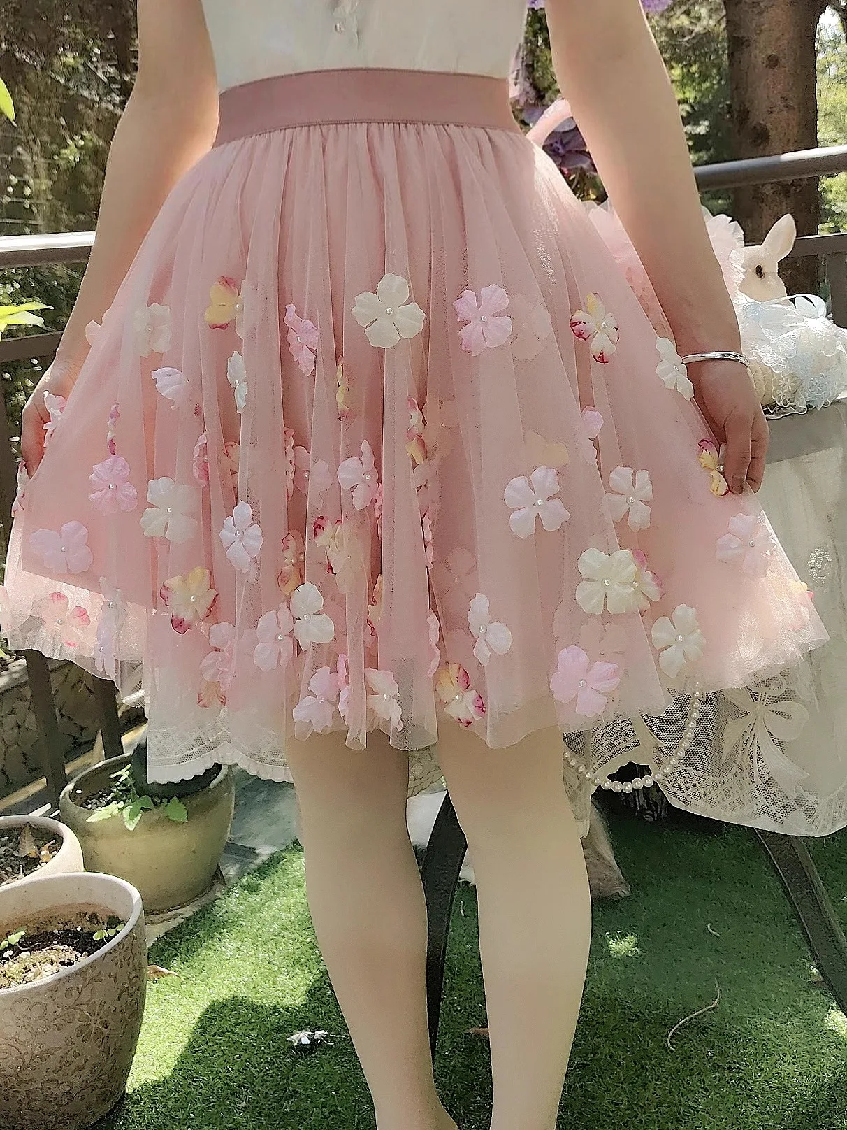 Fairy Woman High Waist Three-layers Mesh Spliced Skirt 3D Floral Petals Pearls Beaded Gauze Pleated Patchwork Half A-Line Faldas