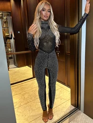 Sibybo Sparkly Sheer Mesh Patchwork Jumpsuit Women Fashion Long Sleeve Rhinestone Skinny Jumpsuits Sexy Party One Piece Romper