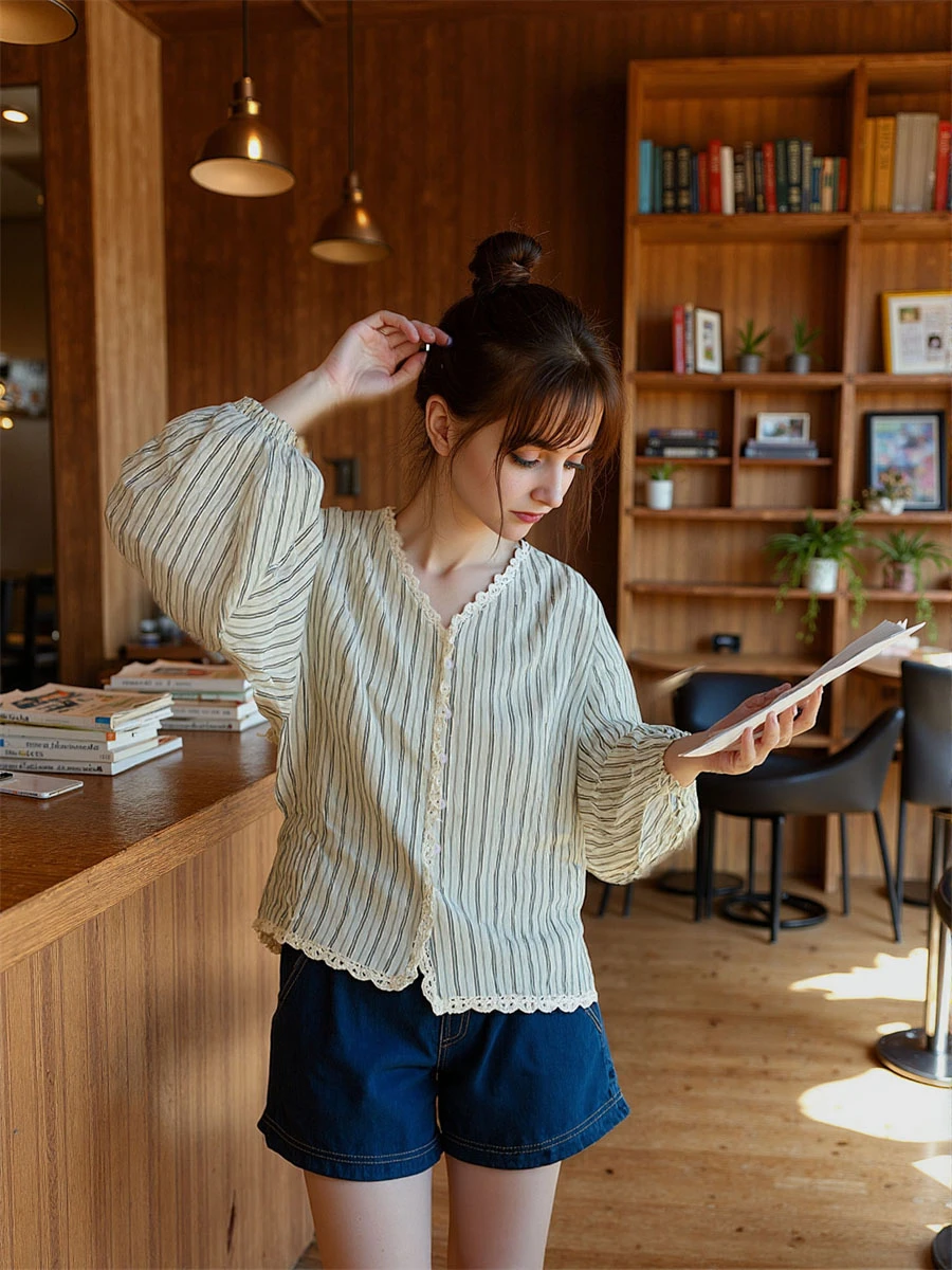 

Korean Shirts Women Loose Fit Lantern Sleeve Blouse with Lace-Up Neckline and Solid Color for Spring College Aesthetic Outfits