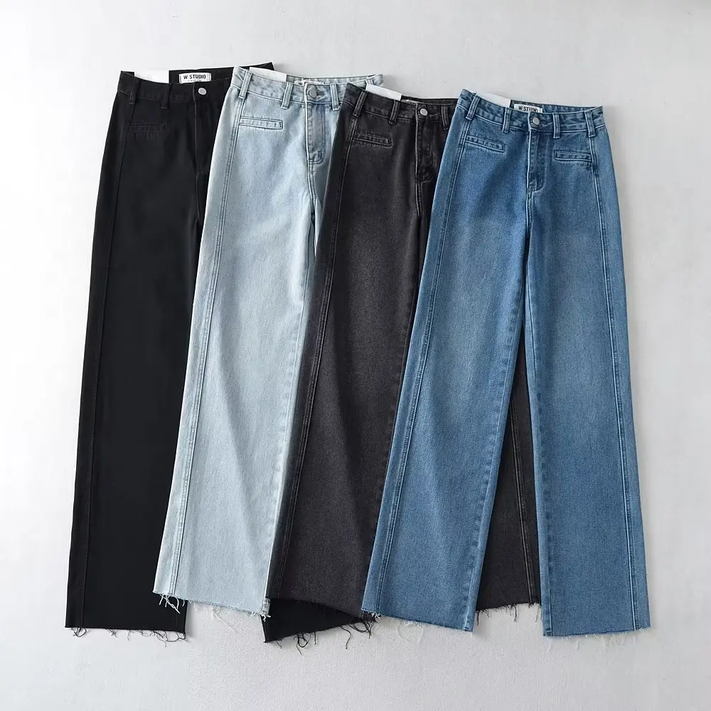 미국 레트로 하이웨이스트 와이드 레그 진 하이웨이스트 더블 스티치 프레이드 플로어 길이 슬리밍 효과