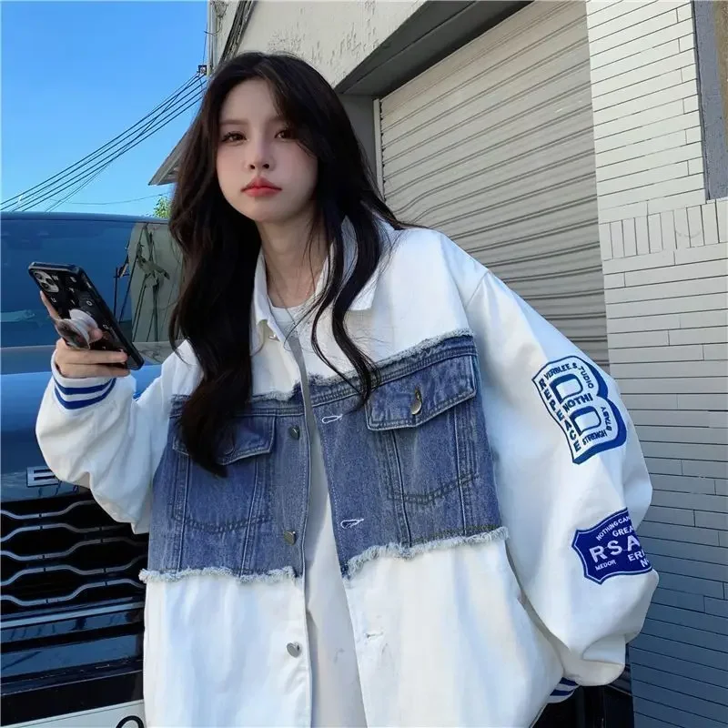 Denim Jacket Embroidered Baseball Uniforms Bomber Jackets Streetwear Harajuku Y2k Tops Trench Coats Hip Hop Long Sleeve Coats