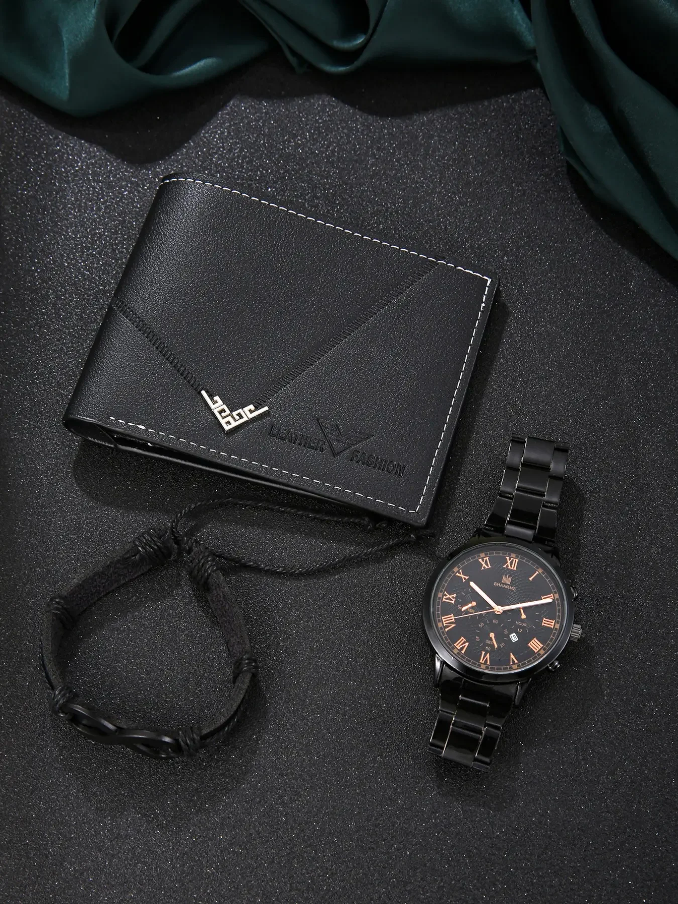 3Pcs Men Watch Wallet Bracelet Gift Set, Roman Dial Quartz Wristwatch Leather Wallet Braided Bracelet