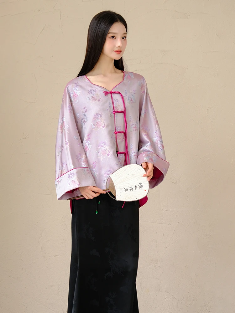 

New Chinese Sle Loose Double-Sided T Top with Button Detail Mountain Has Spring Faion Traditional N...