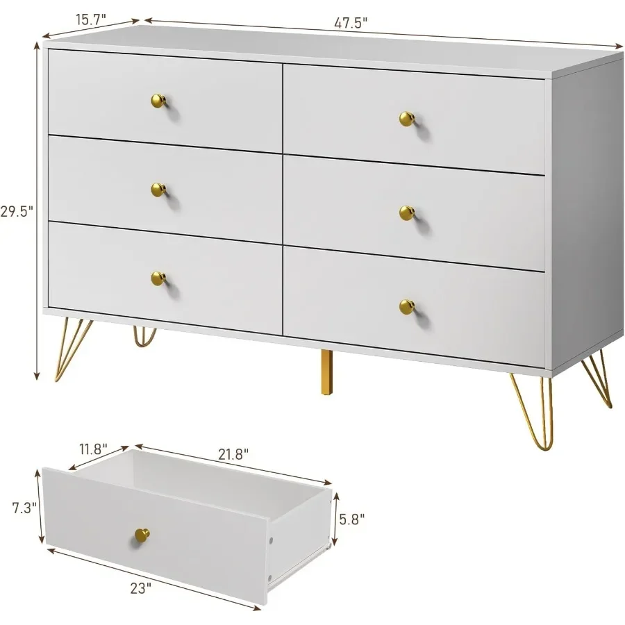 Bedroom 6-Drawer White Dresser with Golden Handles, Large Modern Storage Cabinet for Hallway and Entryway