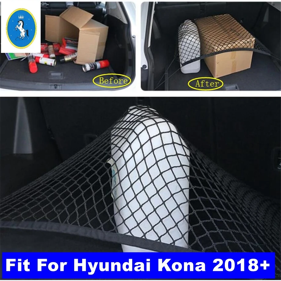 

Auto Trunk Storage Cargo Luggage Elastic Mesh Net Holder With 4 Hooks Pocket For Hyundai Kona 2018 - 2023 Interior Accessories