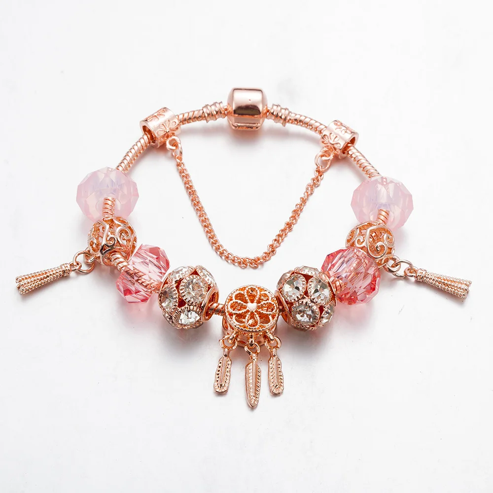 ANNAPAER New Design Abalorio Gold Plated Cute Pink Ball Dreamcatcher Beaded Bracelet Jewelry Special Gift For Mujer Feminina