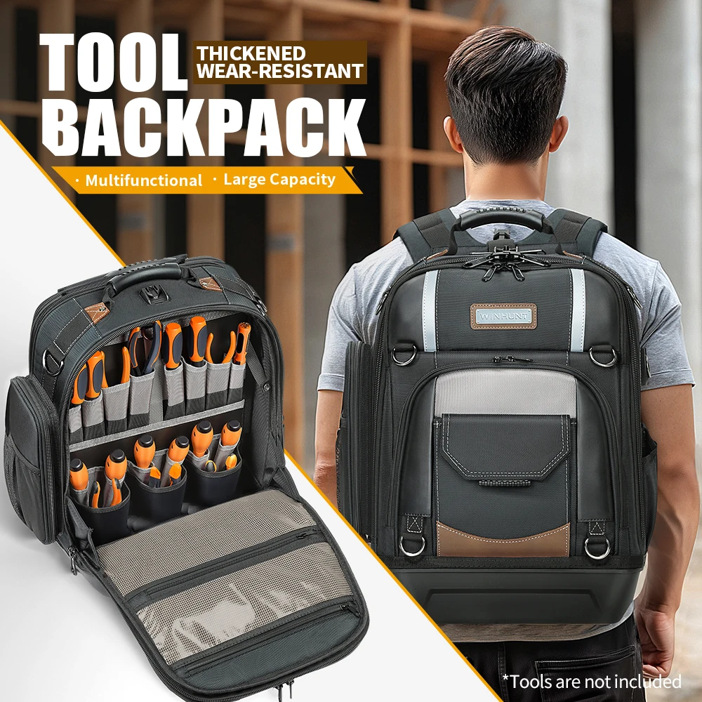 WINHNUT Tool Bag Tool Backpack Heavy Duty Tool Organizer, Molded Bottom, Removable Tool Carrier, Electricians backpack tool bag, Large electrician backpack, Tool backpack, Tool backpack for construction