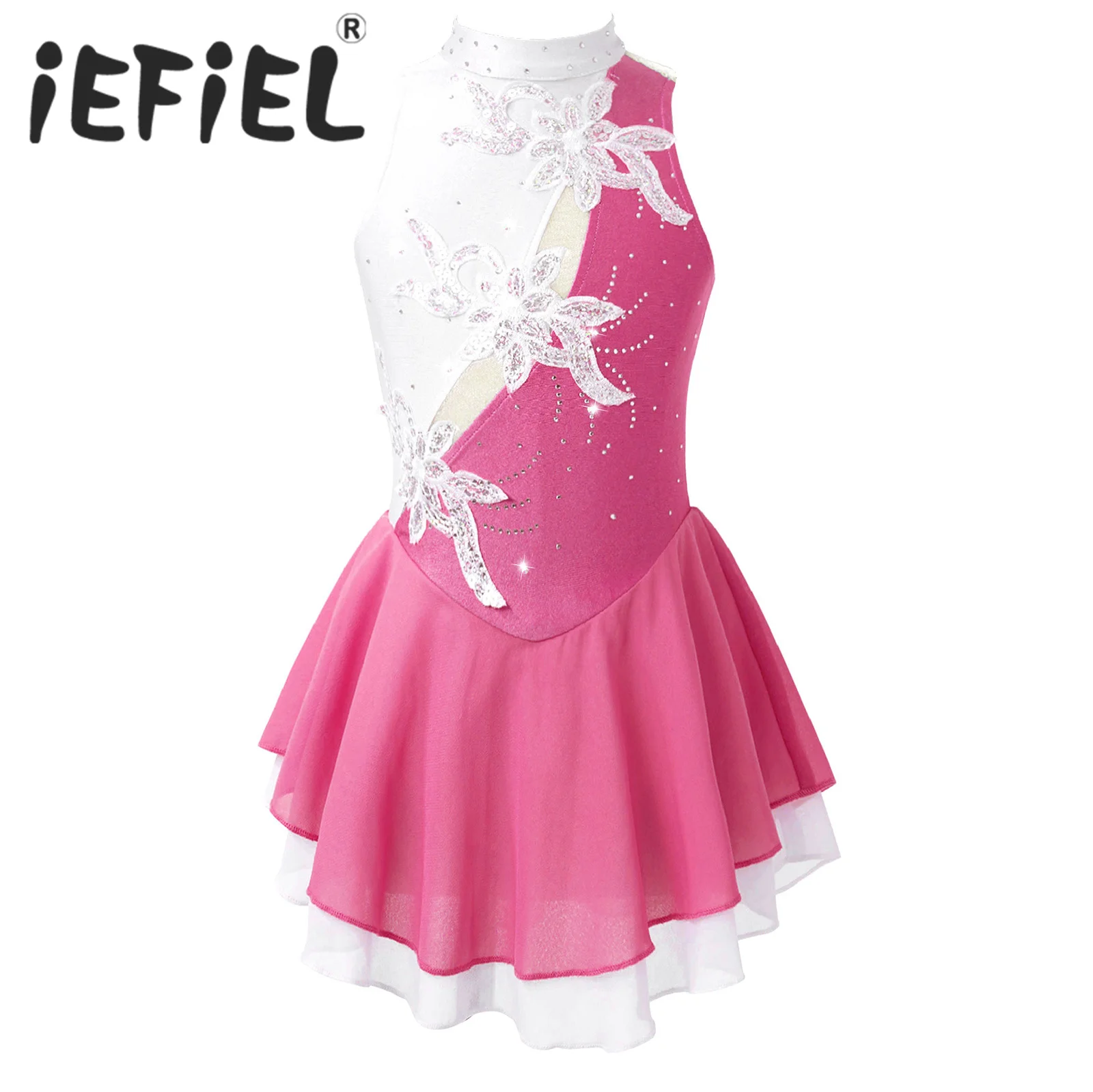 Kids Girls Ballet Leotard Dress Diamonds Mesh Sleeveless Dance Tutu Dress Figure Skating Artistic Gymnastic Training Performance