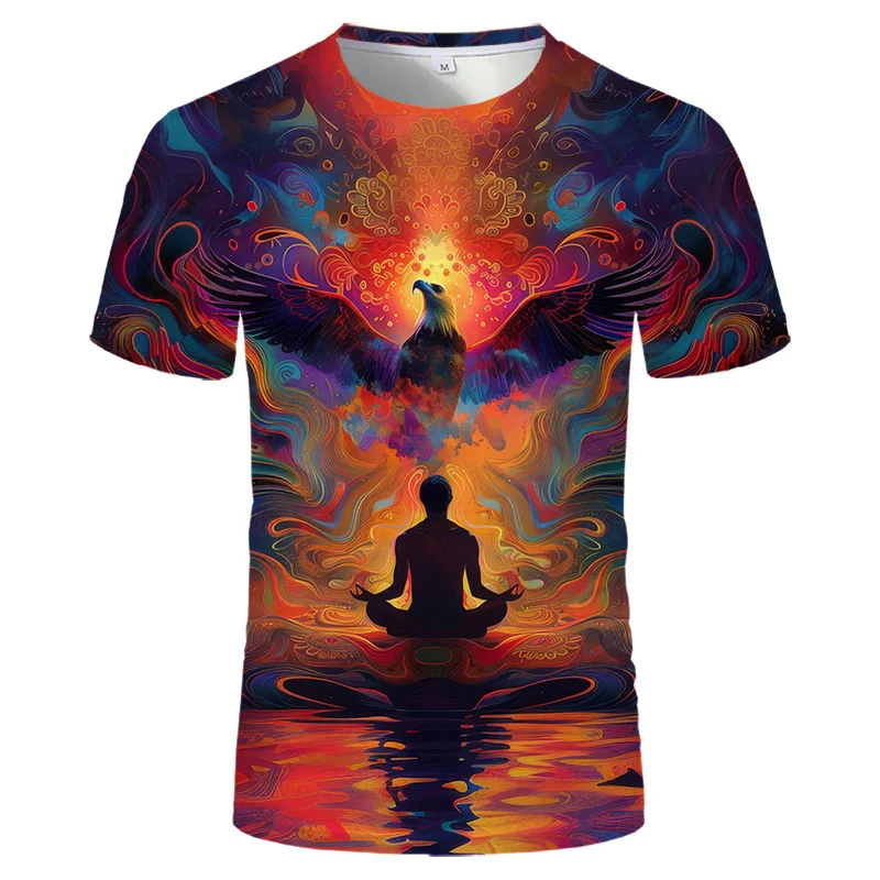 

Hot selling youth short sleeved clothing 3D digital printing meditation graphic loose round neck casual T-shirt for men